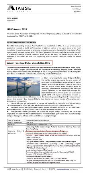 Hong Kong-Zhuhai-Macao Bridge Wins Outstanding Structure Award Presented by IABSE